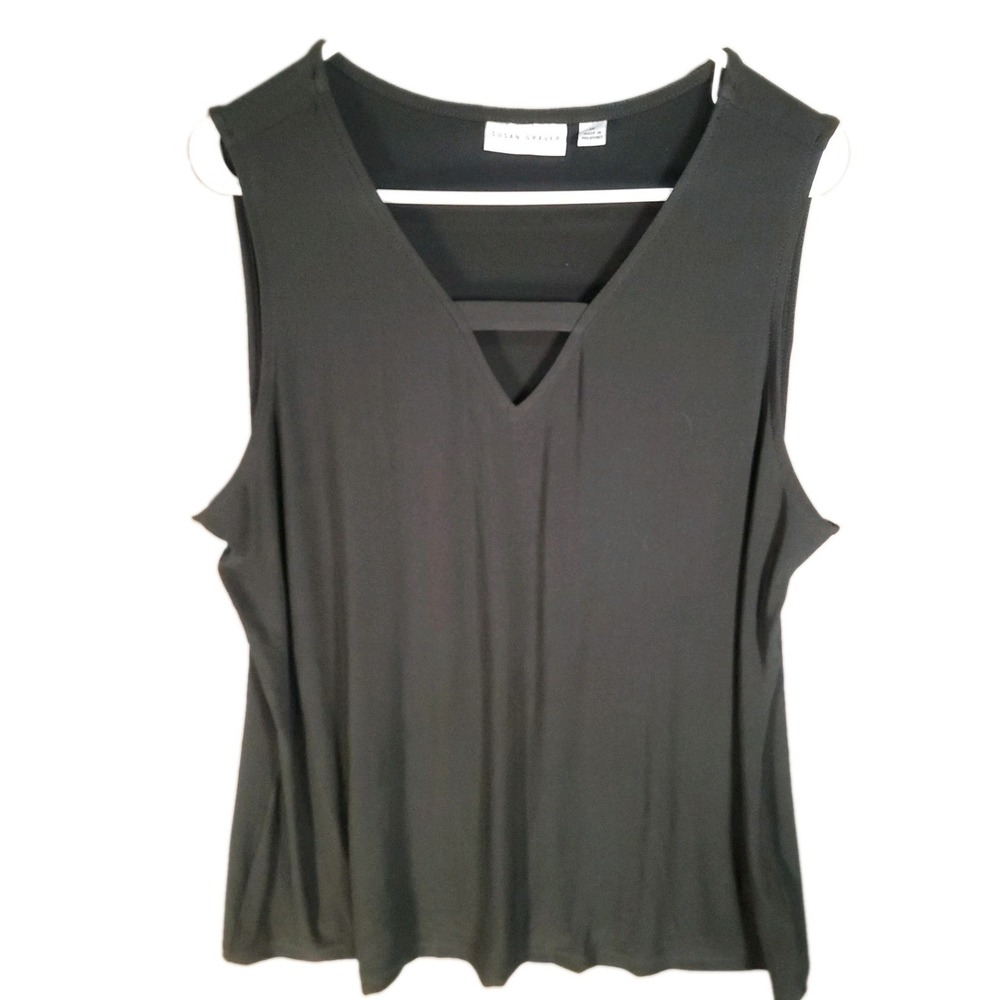 Susan Graver Womens XL Black Liquid Knit Tank Top Cutout V-Neck Sleeveless Shell